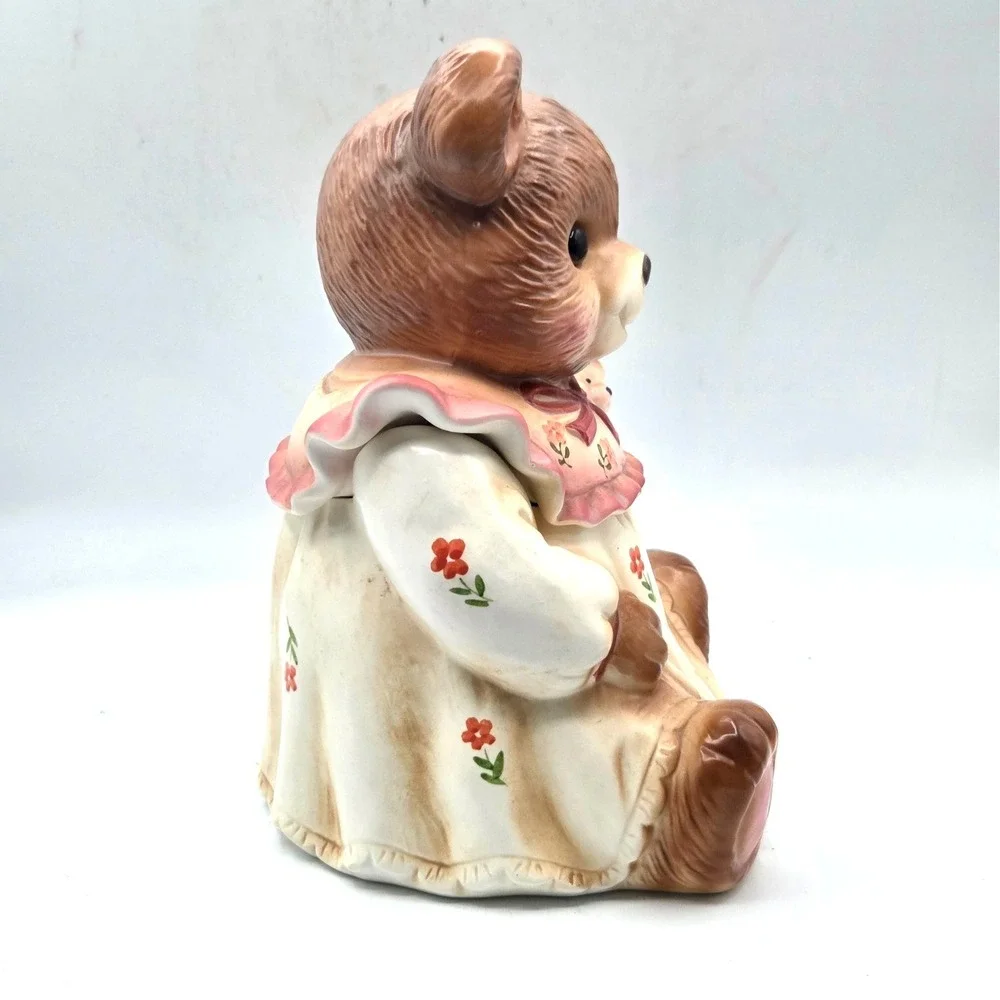 Mama Teddy Bear in Nightgown Cookie Jar Glass Eyes Holding Teddy Vintage 1980's